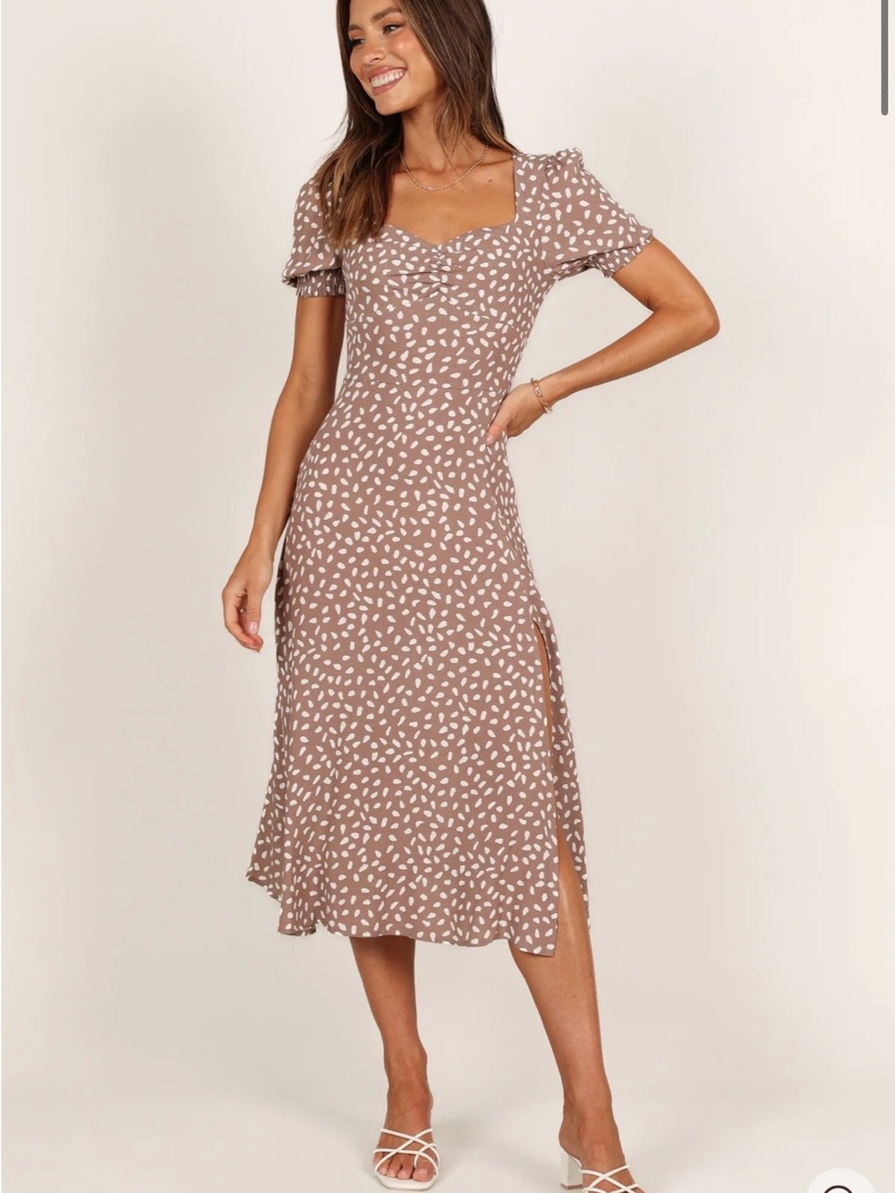 Petal & Pup Taupe Printed Midi Dress with Sweetheart Neckline